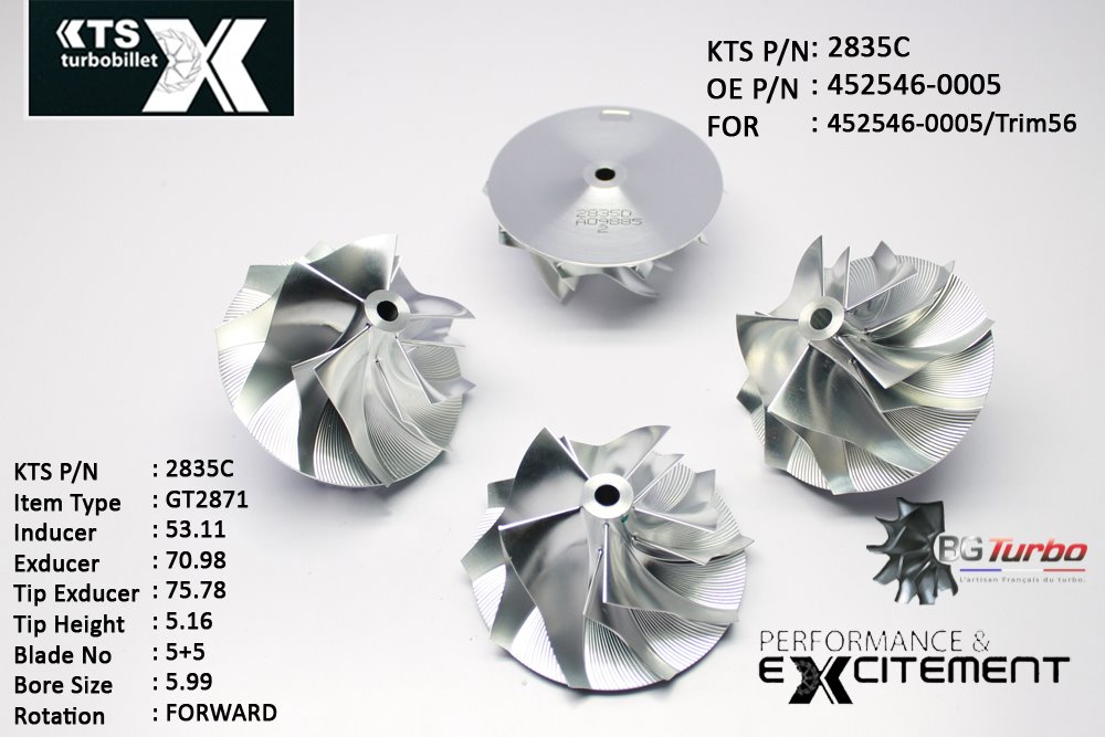 Turbo ROUE FORGÉE MFS PERFORMANCE - 5+5 PALES - INDUCER : 53,11 - EXDUCER : 70,98 - TYPE : GT2871ANGLE : 60° - ROTATION : Forward - SUPER BACK : 2,32 - BORE SIZE : 5,99
